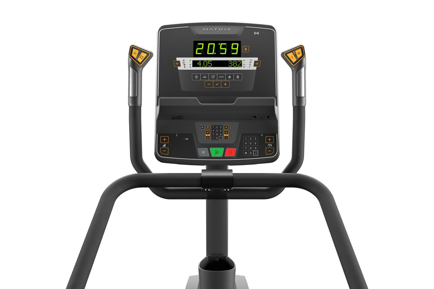 Matrix Endurance Stepper with black frame, dual handles with yellow grips, digital display showing time and metrics, control 