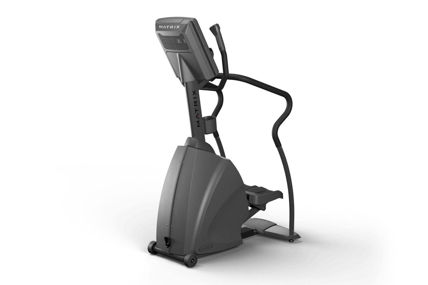 Matrix Endurance Stepper with gray and black frame, digital display console, and foot pedals on white background
