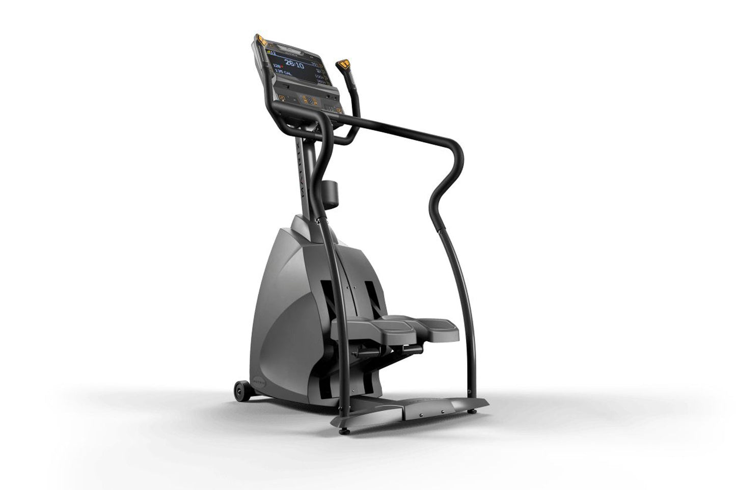 Matrix Endurance Stepper with digital display, black frame and handles, gray base, and dual foot pedals on white background