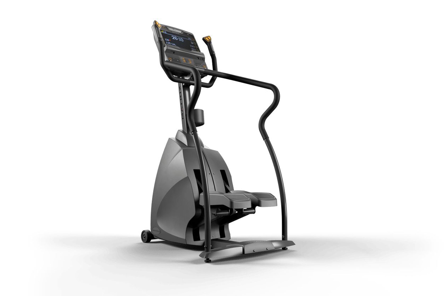 Matrix Endurance Stepper with digital display, black frame and handles, gray base, and dual foot pedals on white background