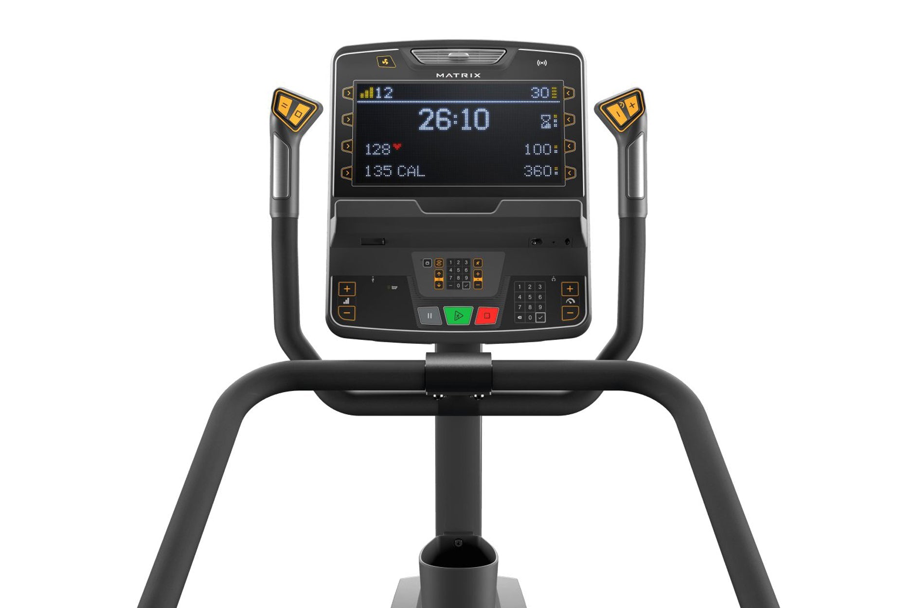 Matrix Endurance Stepper with black frame, digital display showing time and calories, dual handles with yellow buttons, and c