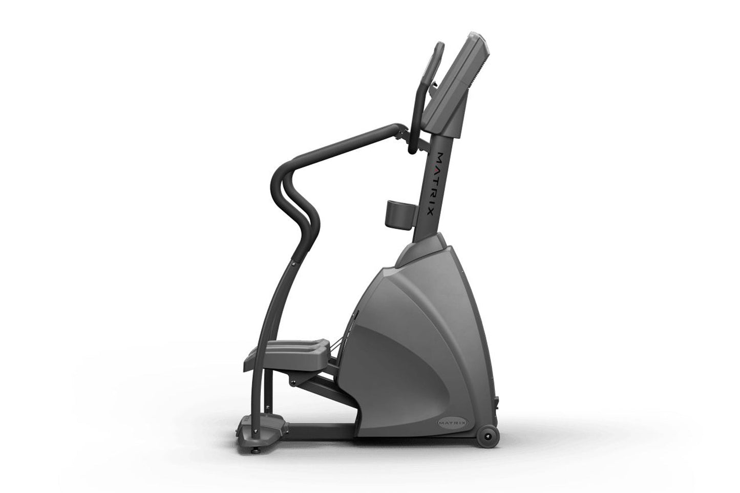 Matrix Endurance Stepper exercise machine with black and gray frame, curved handles, and digital console on white background