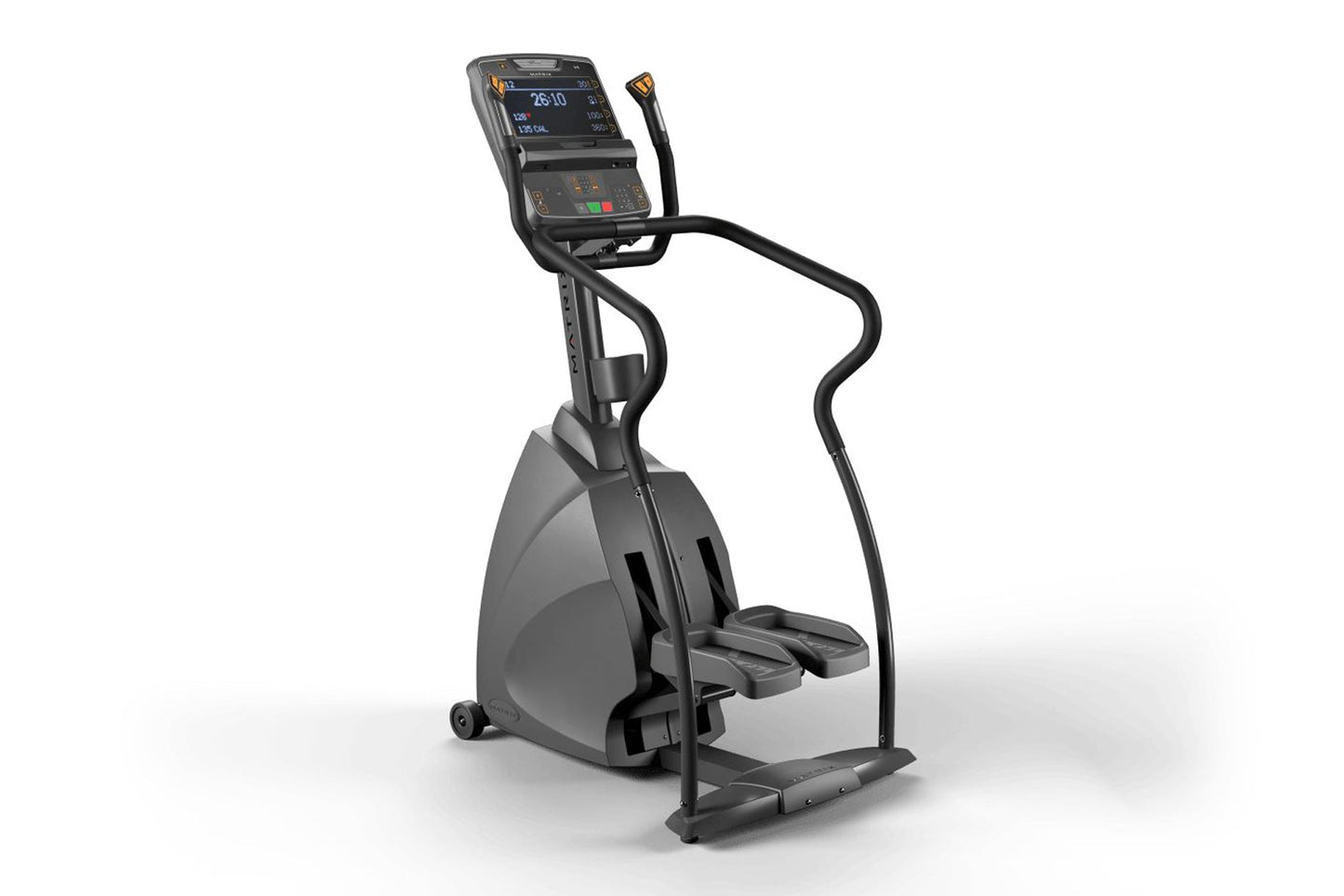 Black and gray commercial stepper machine with digital display console, handles, and foot pedals on white background