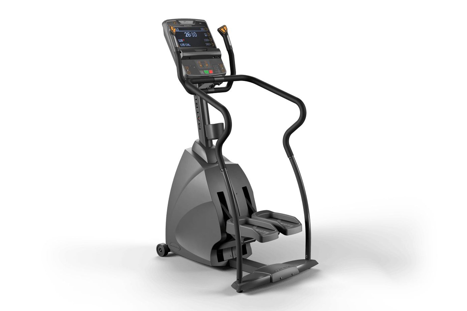 Black and gray commercial stepper machine with digital display console, handles, and foot pedals on white background