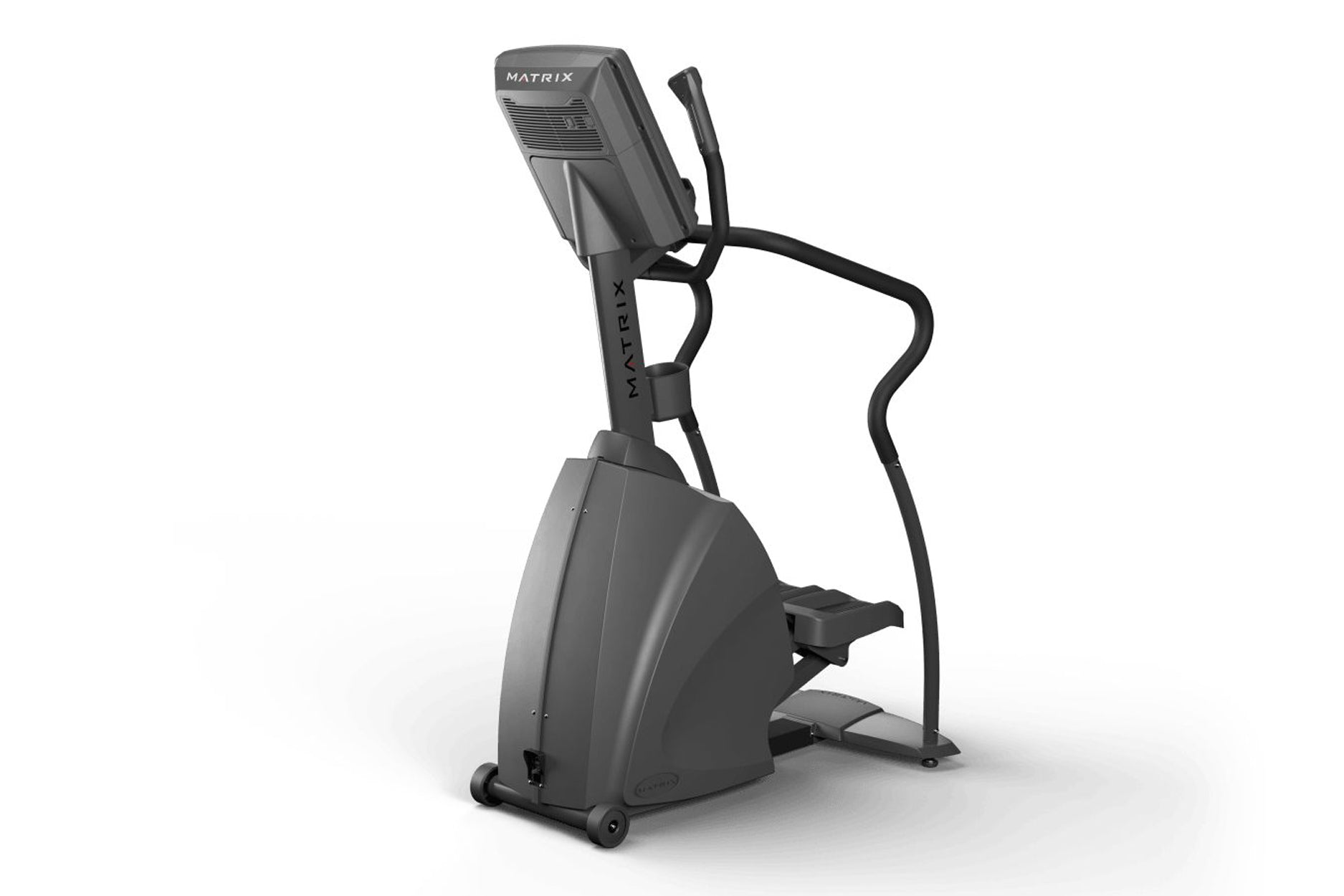 Matrix Endurance Stepper with black handles and gray frame on white background