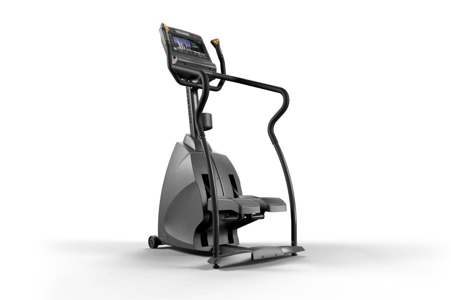 Black and gray commercial stepper exercise machine with digital display console, handlebar, and footrest on white background