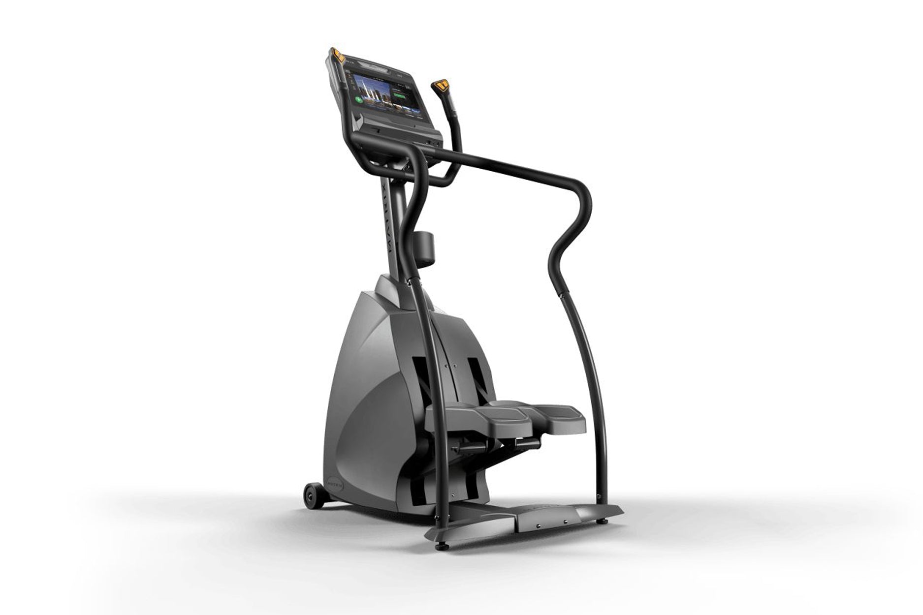 Black and gray commercial stepper exercise machine with digital display console, handlebar, and footrest on white background