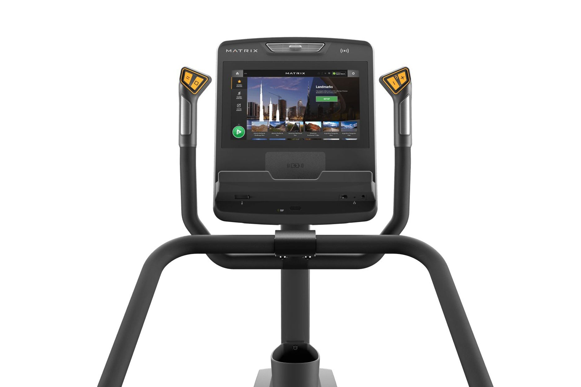 Matrix Endurance Stepper with black frame, dual handles with yellow grips, and interactive touchscreen display showing fitnes