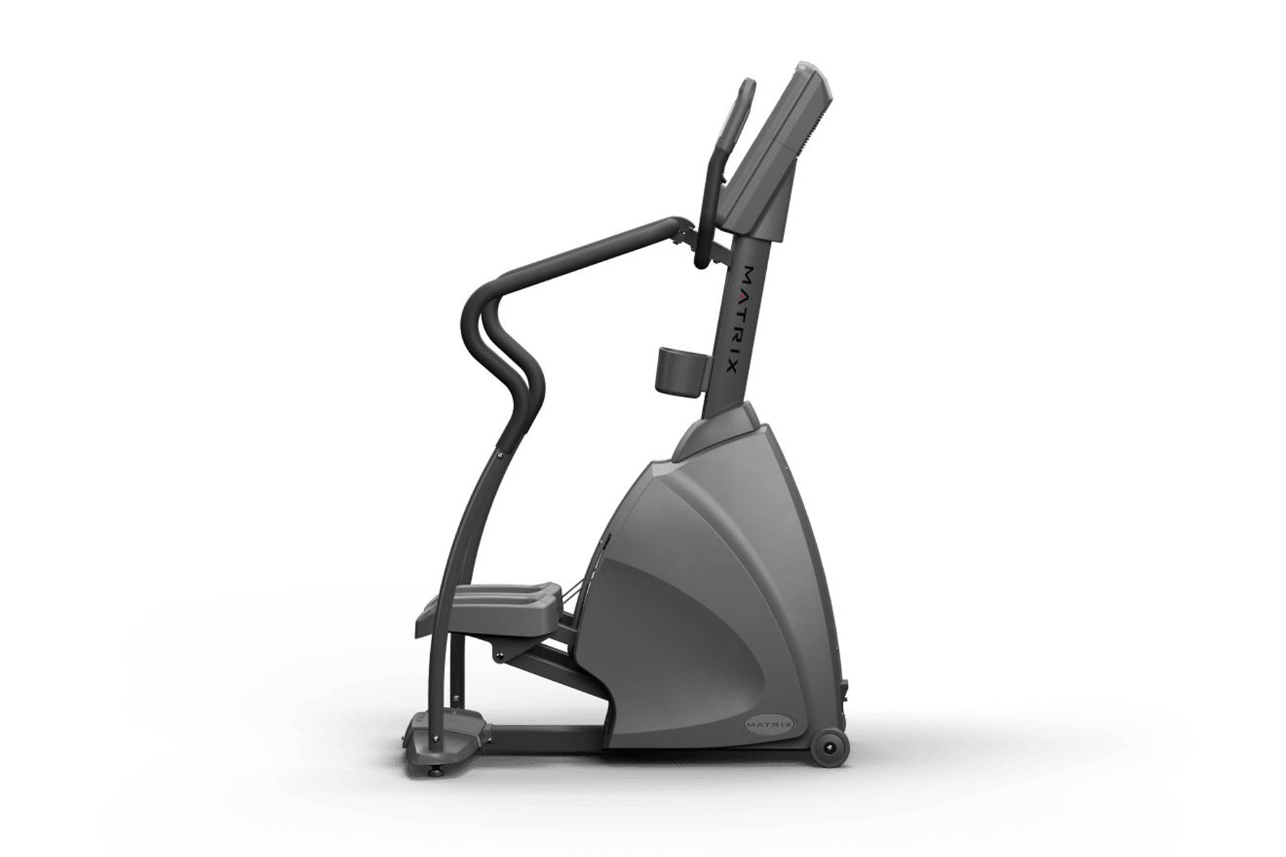 Matrix Endurance Stepper with gray and black frame, curved handlebar, digital display, and foot pedals on white background