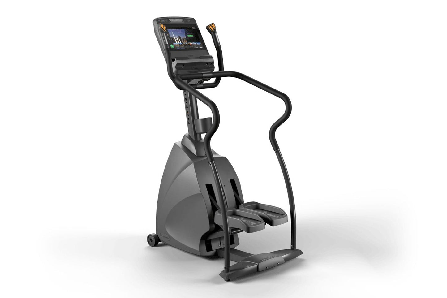 Black and gray commercial stepper machine with digital touchscreen display and dual handles, on white background