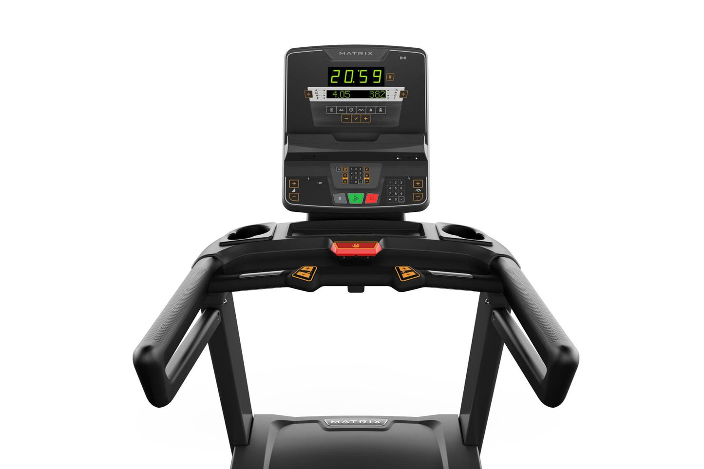 Matrix Endurance treadmill with black frame, digital console displaying 2059 watts, cushioned handrails, and control panel wi