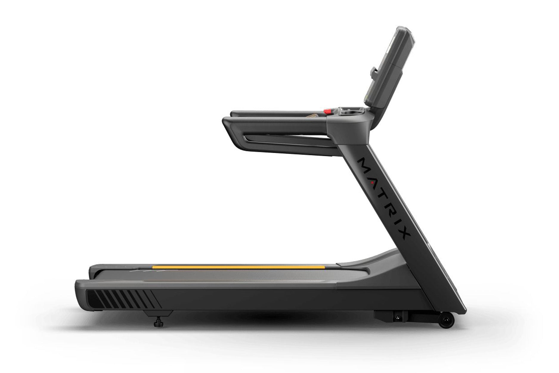 Black Matrix commercial treadmill with digital console, adjustable incline, and yellow accent stripe on running deck, side vi