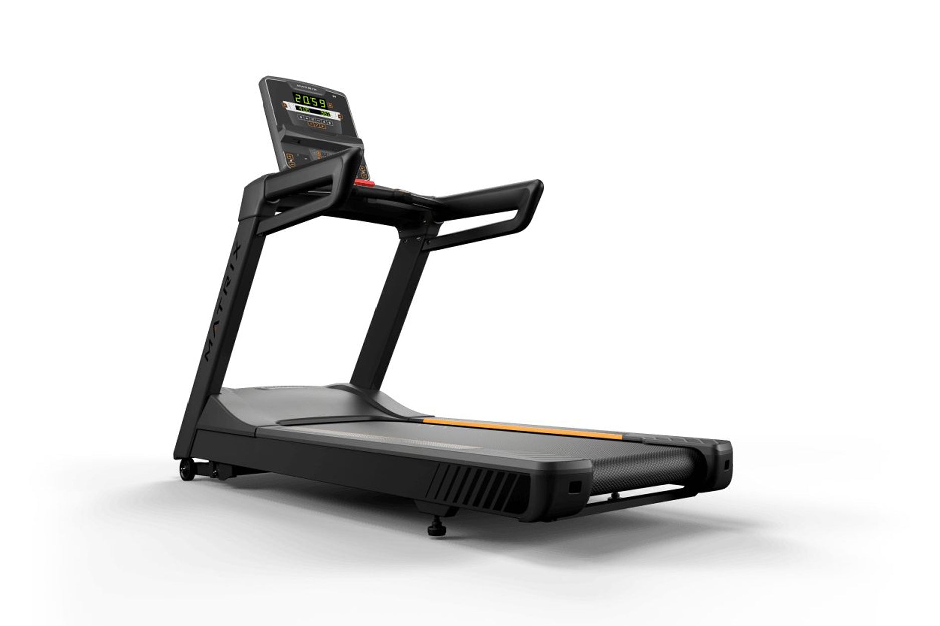 Black motorized treadmill with digital display console, handrails, and orange accent stripe on running belt, on white backgro