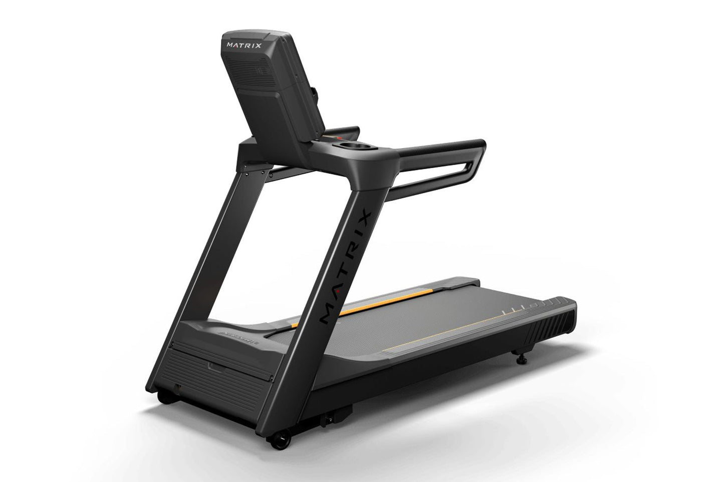Matrix black commercial treadmill with digital display console, gray running deck, and cushioned handrails on white backgroun