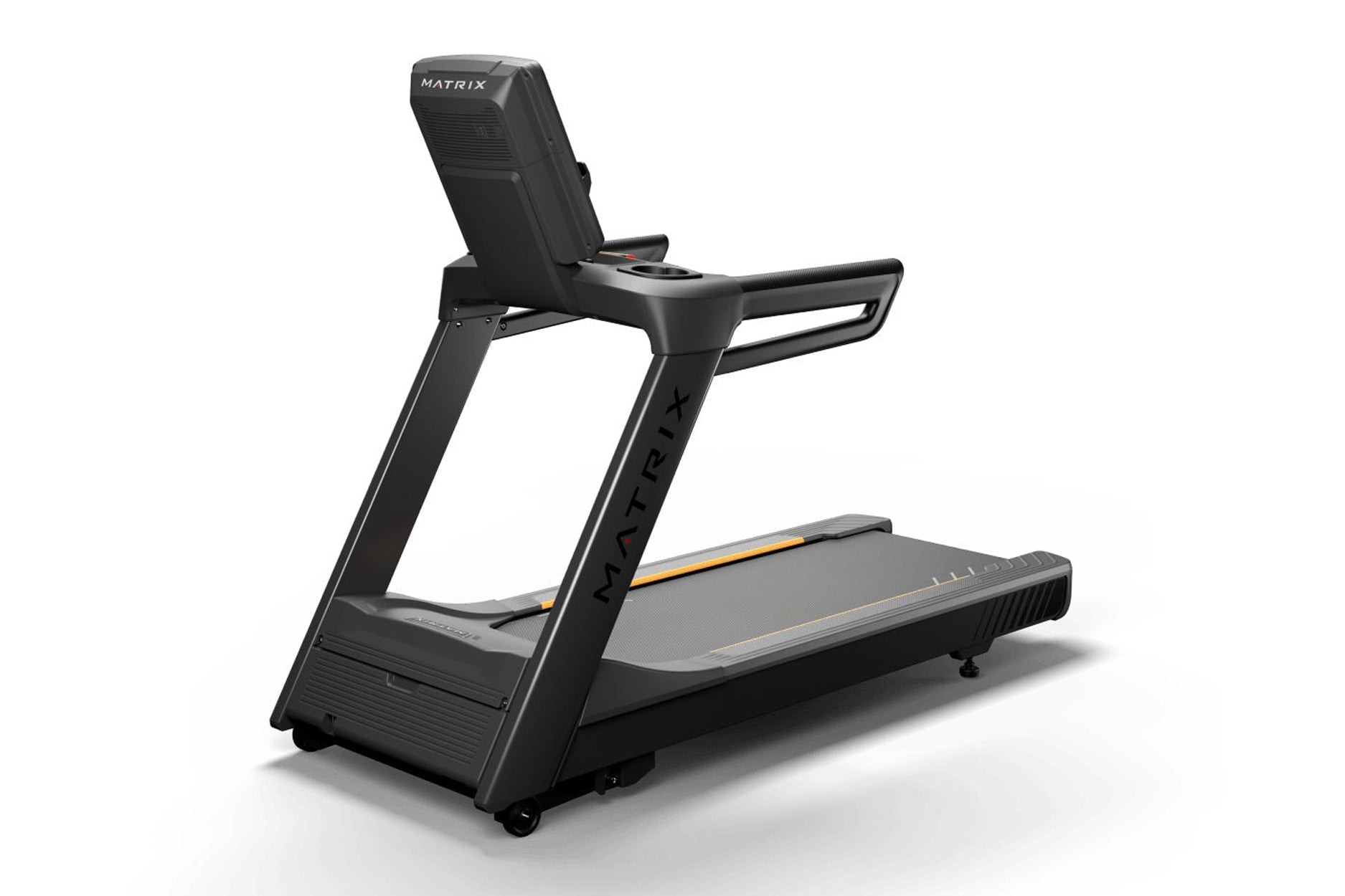 Matrix black commercial treadmill with digital display console, gray running deck, and cushioned handrails on white backgroun