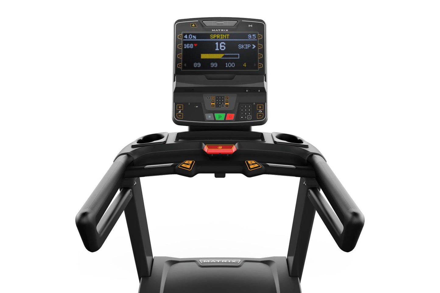 Matrix Endurance Treadmill with digital console displaying sprint workout data, black frame with gray handles, and red emerge