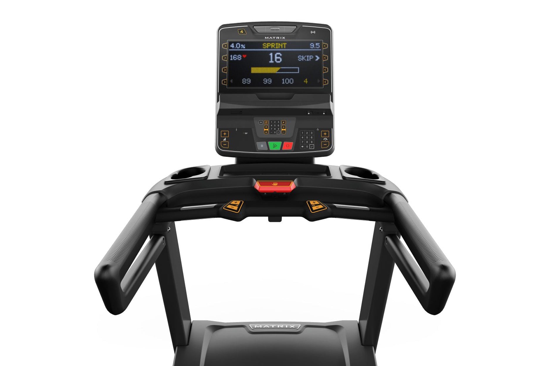 Matrix Endurance Treadmill with digital console displaying sprint workout data, black frame with gray handles, and red emerge