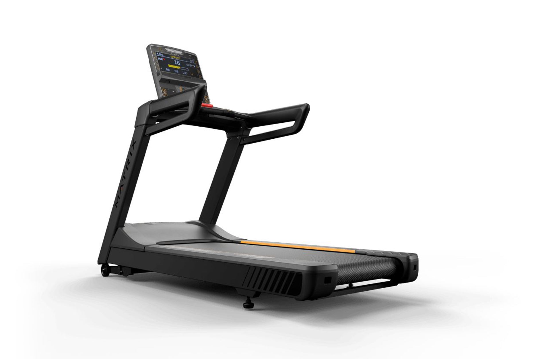 Black commercial treadmill with digital display console, handrails, and gray running deck with orange accent stripe on white 