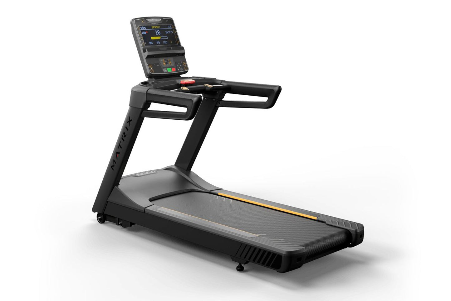 Black commercial treadmill with digital display console, yellow accent stripe, and wide running belt on white background