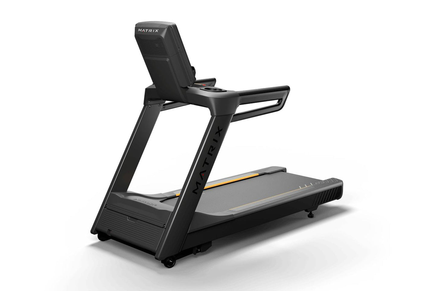 Matrix Endurance black treadmill with padded backrest, handrails, and gray running deck on white background