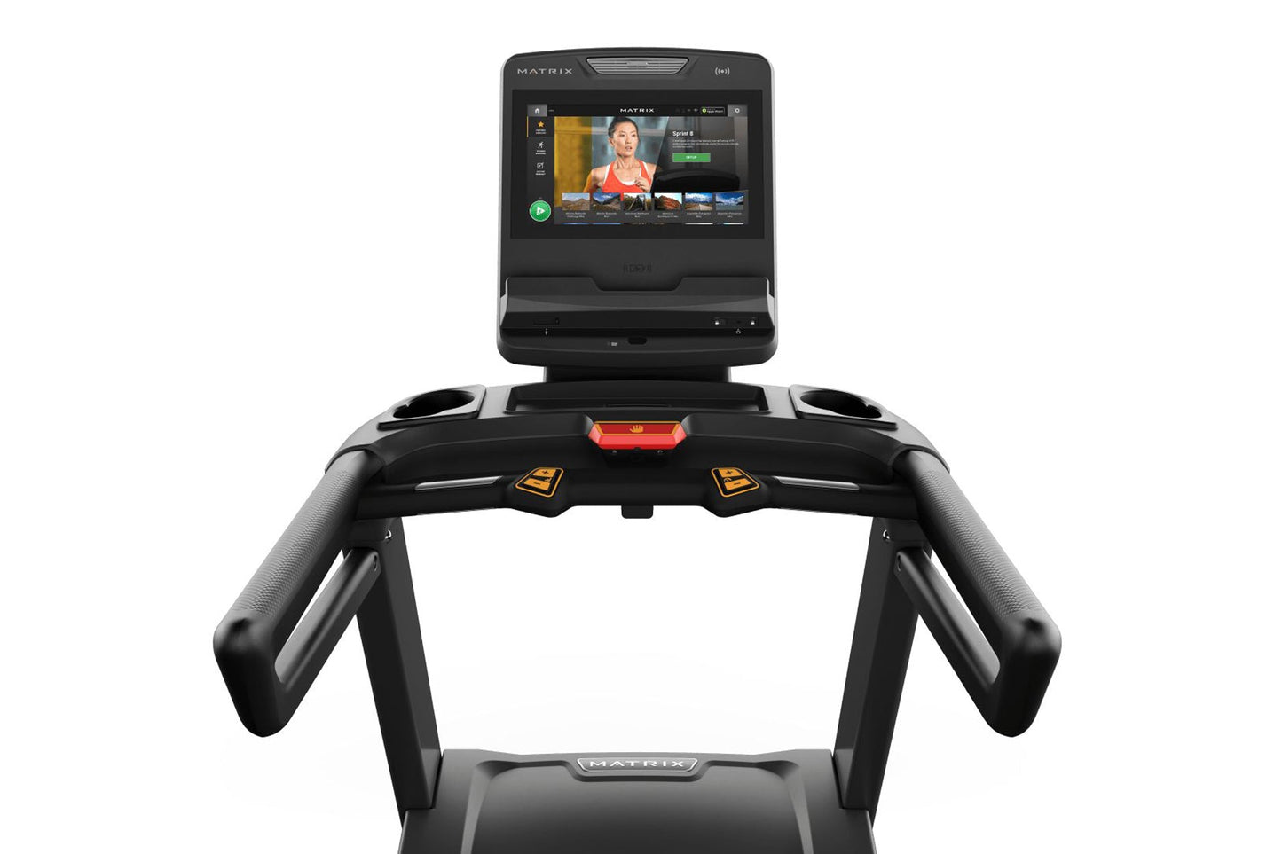 Matrix Endurance Treadmill with black frame, dual cup holders, red accent buttons, and touchscreen display showing fitness co