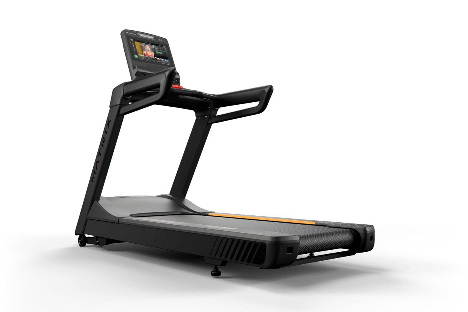 Black commercial treadmill with digital touchscreen display, gray running belt, and orange accent trim on white background