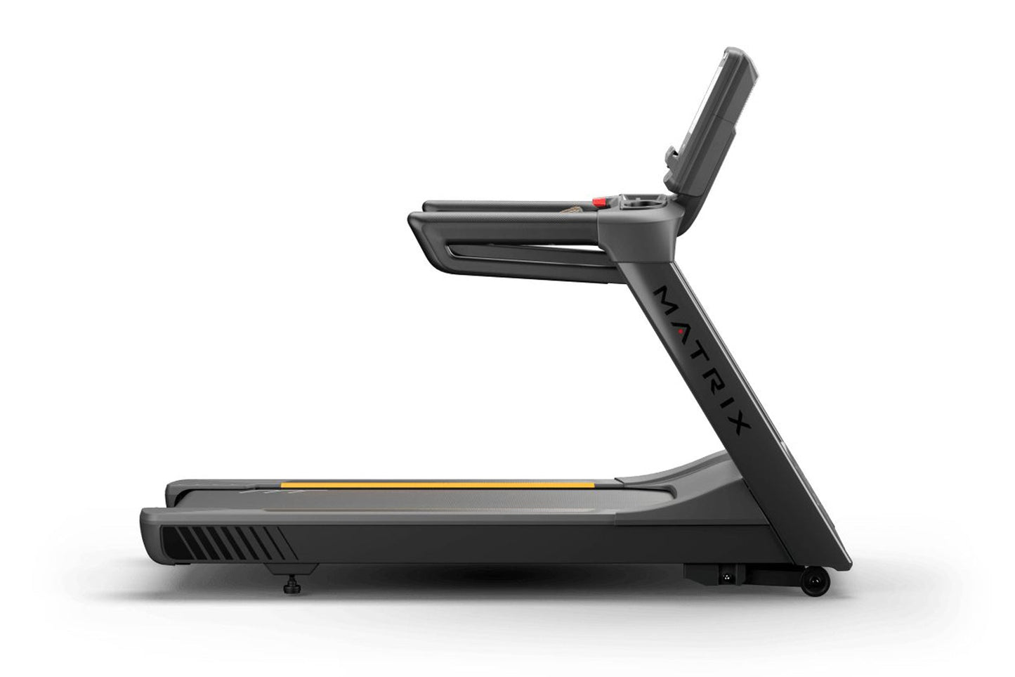 Matrix Endurance black treadmill with digital display console and gold accent stripe, side view on white background