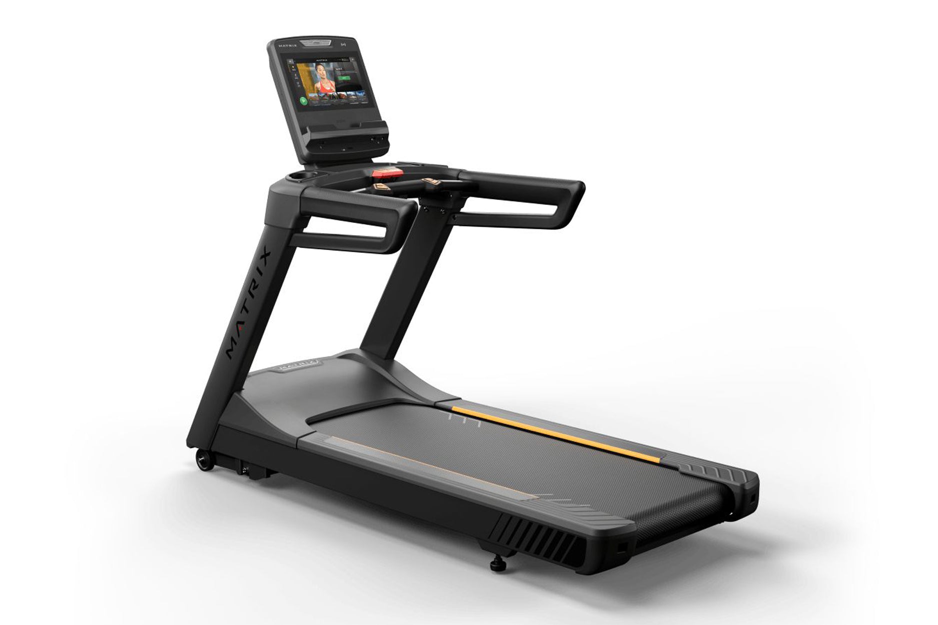 Matrix Endurance black treadmill with digital touchscreen display and yellow accent stripe on running deck, on white backgrou
