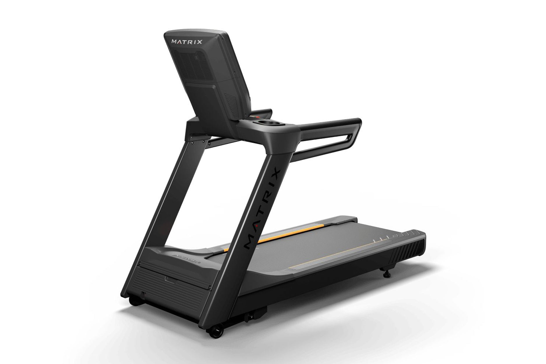 Matrix Endurance black treadmill with padded seat back, gray running belt, and gold accent stripe on white background