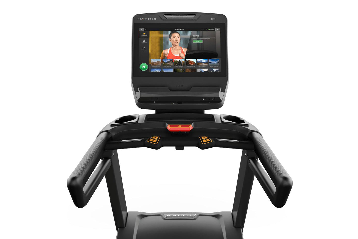 Matrix Endurance Treadmill with black frame, padded handrails, touchscreen display showing fitness content, and red accent de