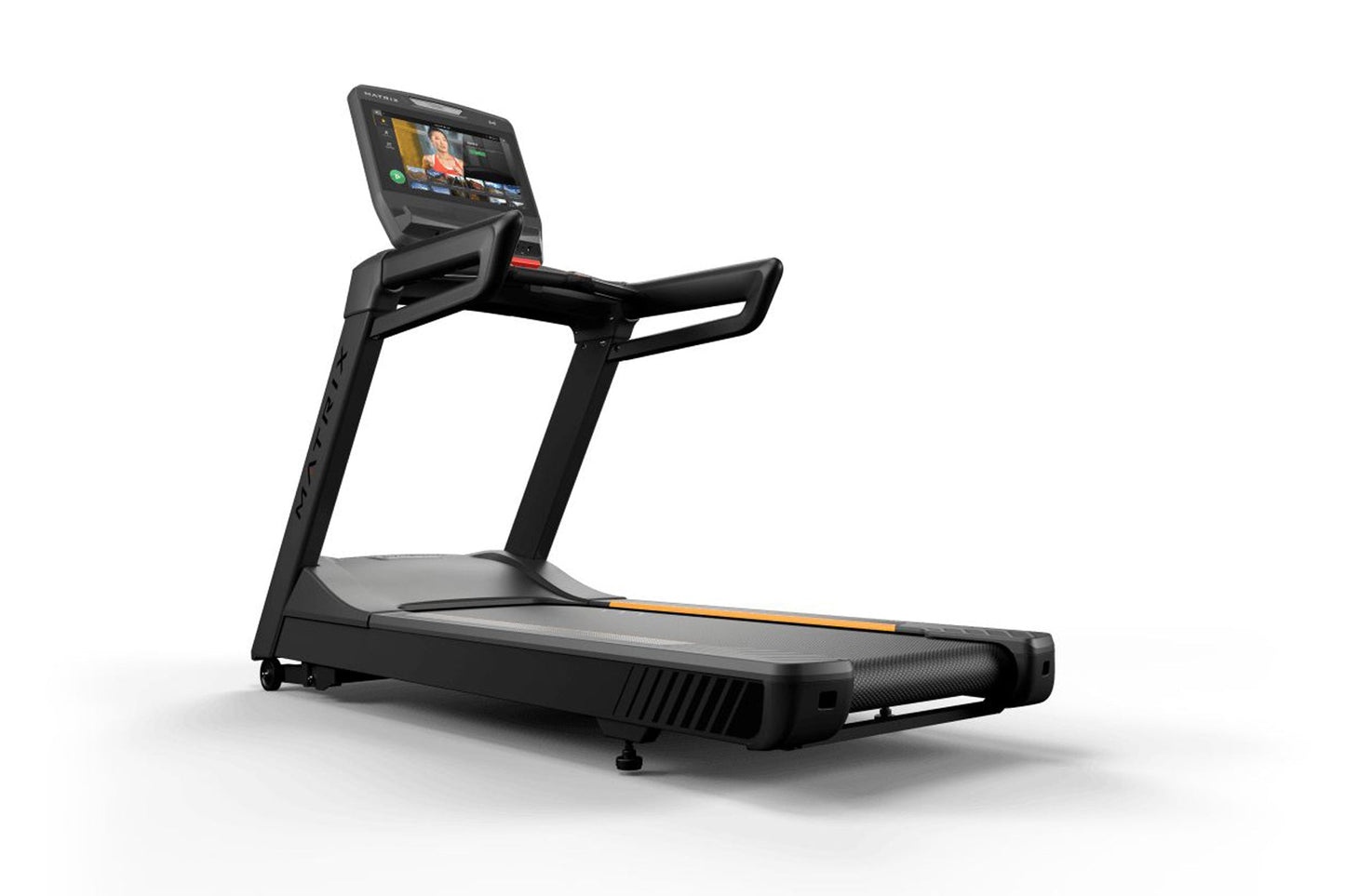 Black Matrix treadmill with digital touchscreen display, handrails, and orange accent stripe on running belt, on white backgr