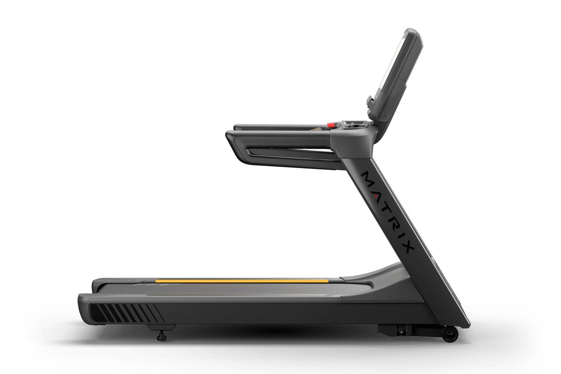 Black Matrix Endurance treadmill with yellow accent strip, digital console, and adjustable handrail on white background