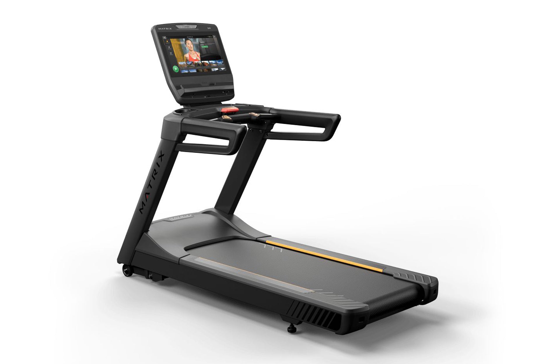 Black Matrix commercial treadmill with digital touchscreen display showing workout interface, wide running deck, and orange a