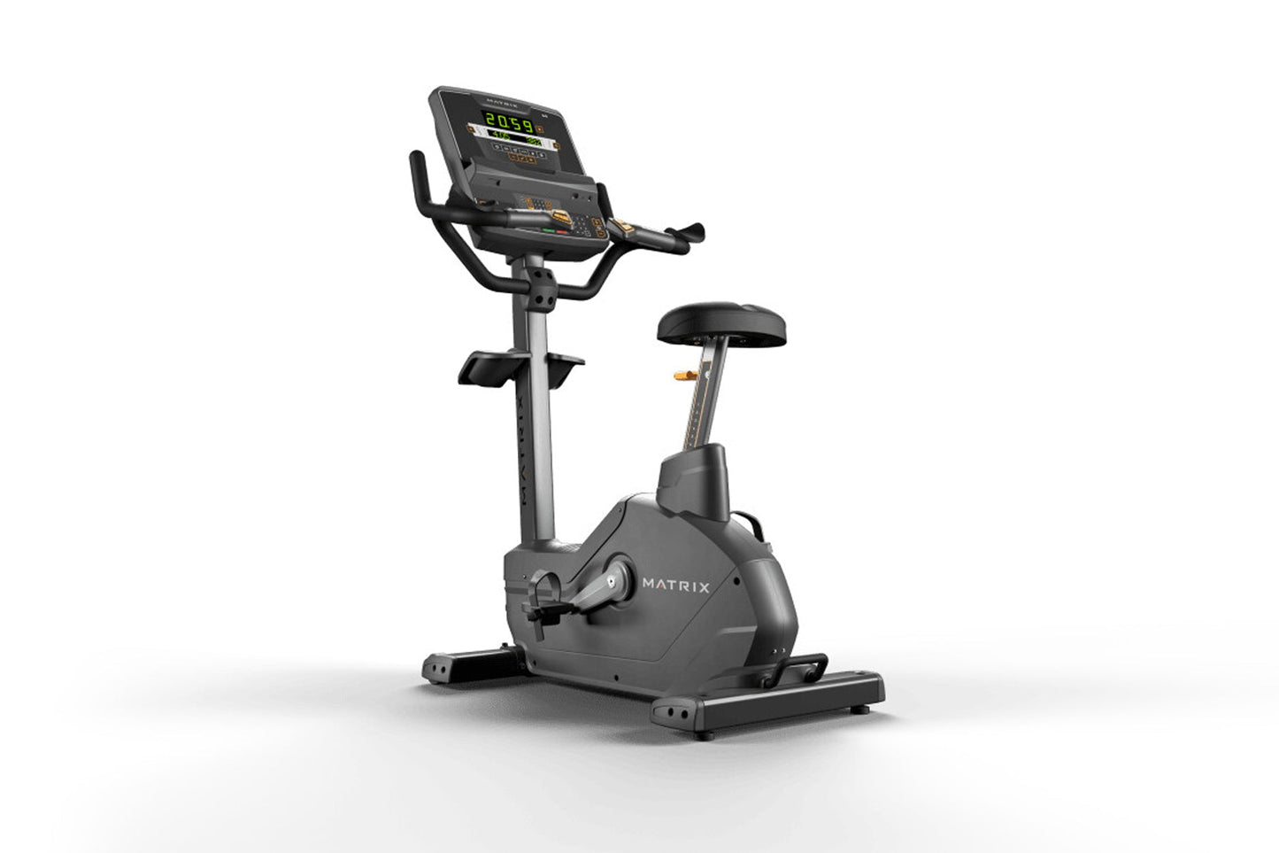 Matrix Endurance upright exercise bike with black frame, digital display console, and black seat on white background