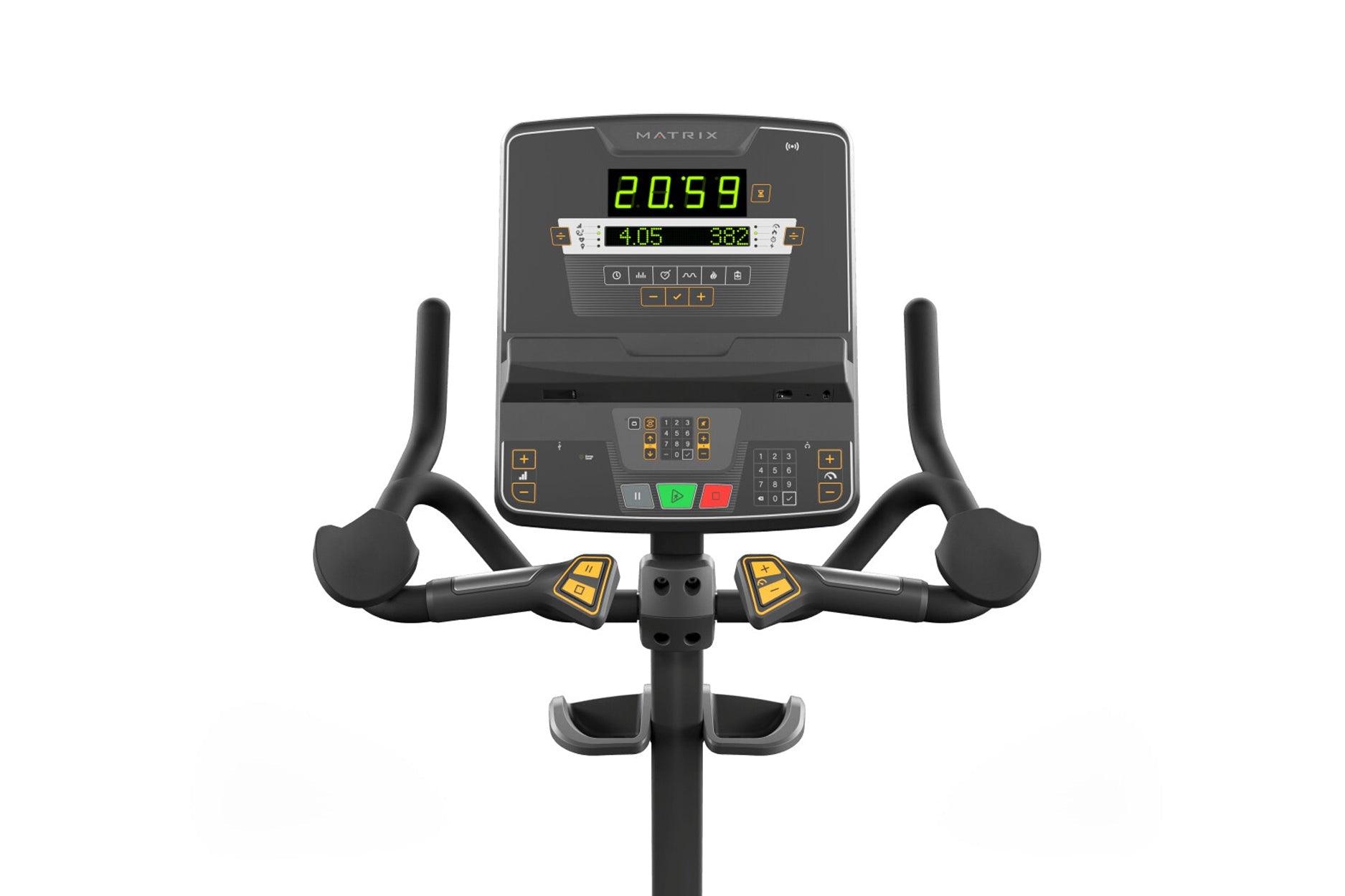 Matrix Endurance Upright Cycle with digital console, black frame, curved handlebars with gold accents, and foot pedals on whi
