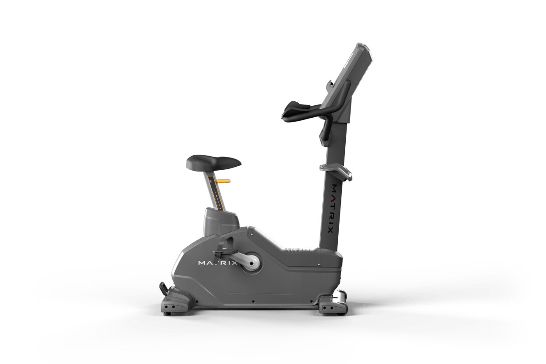 Matrix Endurance upright exercise bike with gray frame, black seat, and digital console on white background
