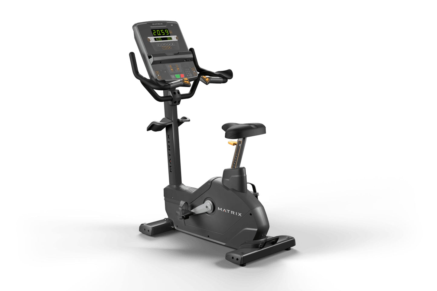 Matrix Endurance upright stationary exercise bike with digital display console, black frame, and padded seat on white backgro
