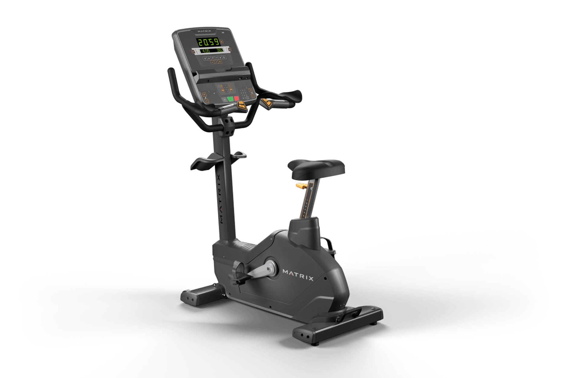 Matrix Endurance upright stationary exercise bike with digital display console, black frame, and padded seat on white backgro