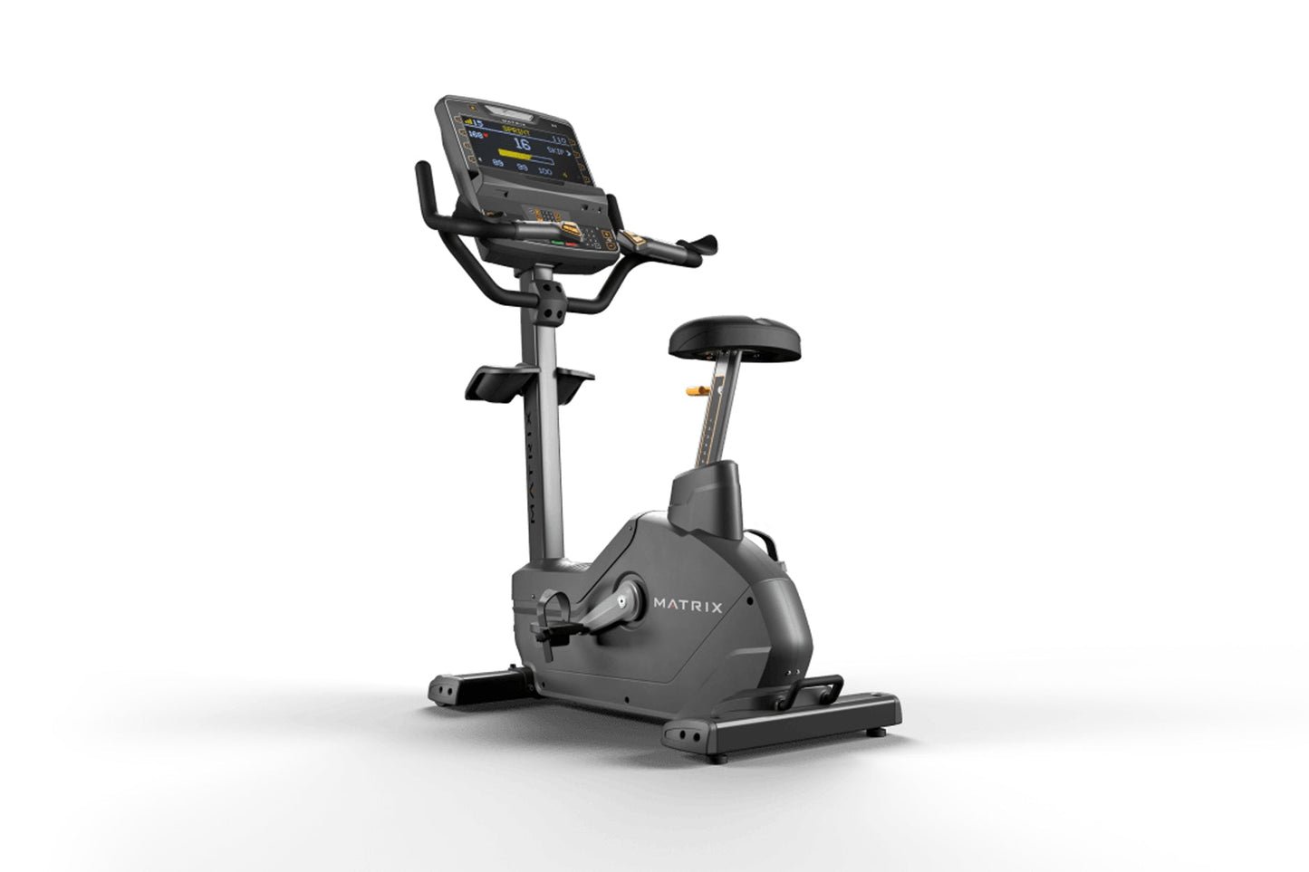 Matrix Endurance upright exercise bike with gray frame, black seat, handlebars, and digital display console on white backgrou