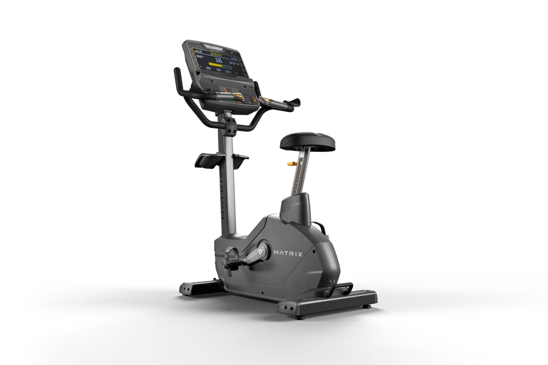 Matrix Endurance upright exercise bike with gray frame, black seat, handlebars, and digital display console on white backgrou