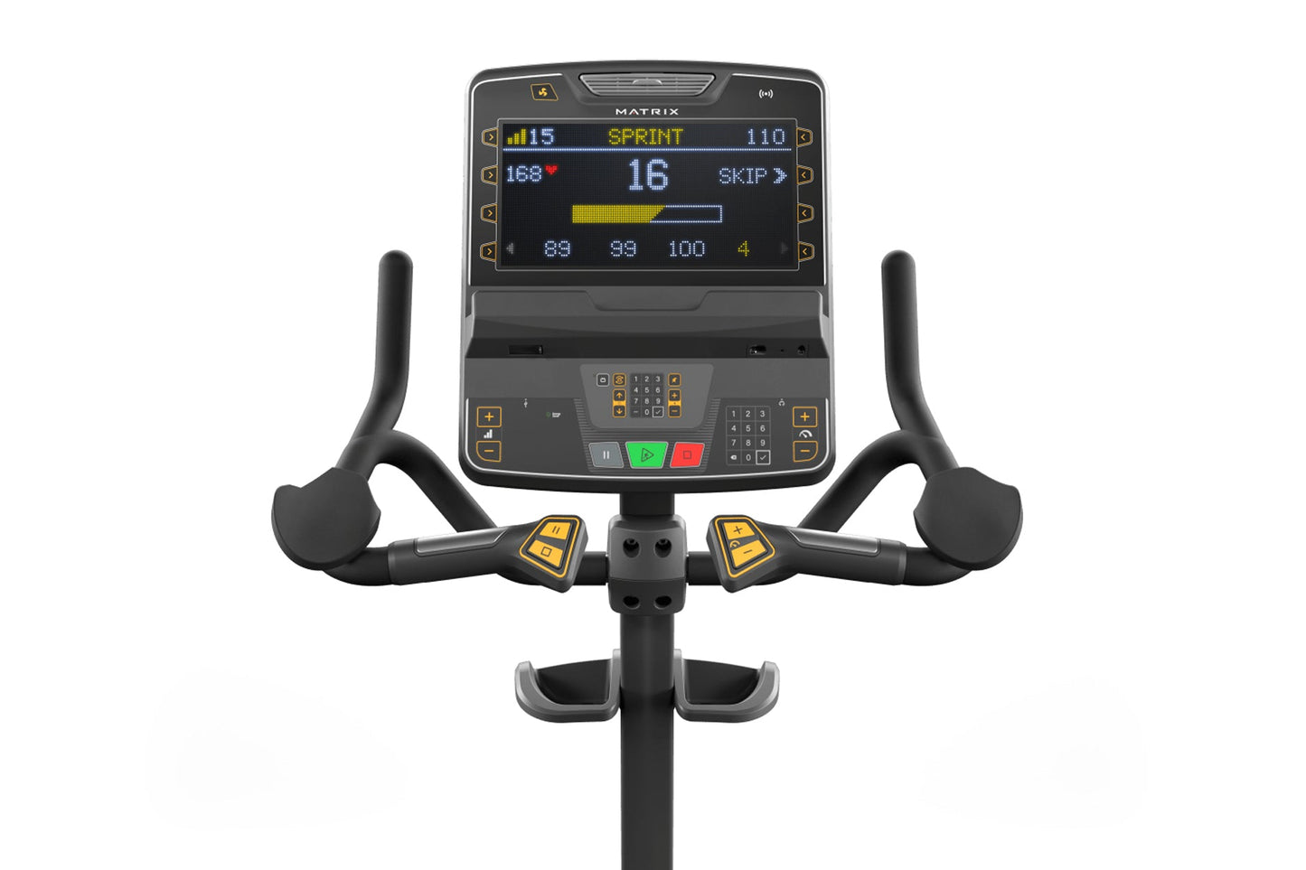 Matrix Endurance upright exercise bike with black frame, curved handlebars with yellow accent controls, and digital console d