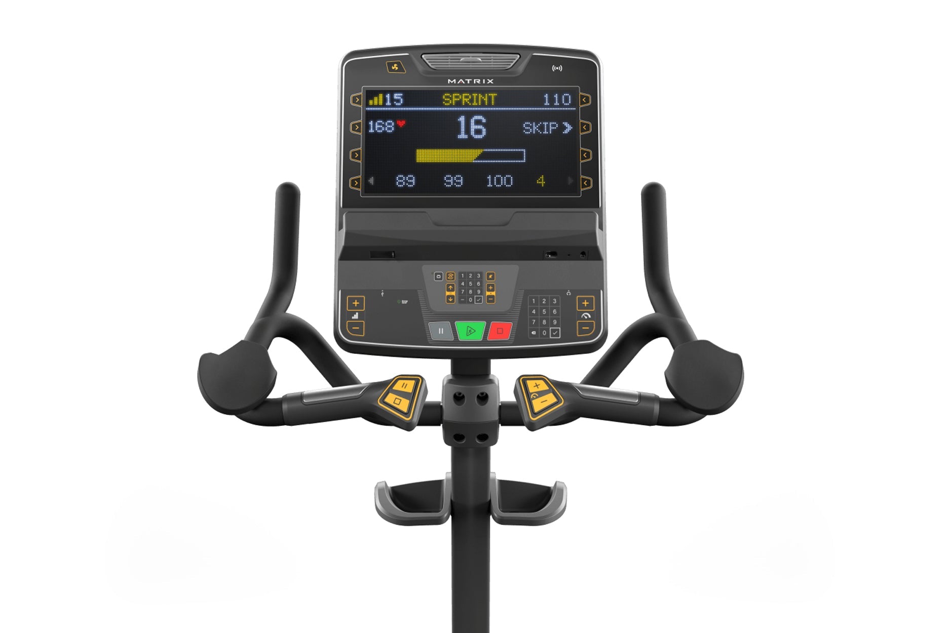 Matrix Endurance upright exercise bike with black frame, curved handlebars with yellow accent controls, and digital console d