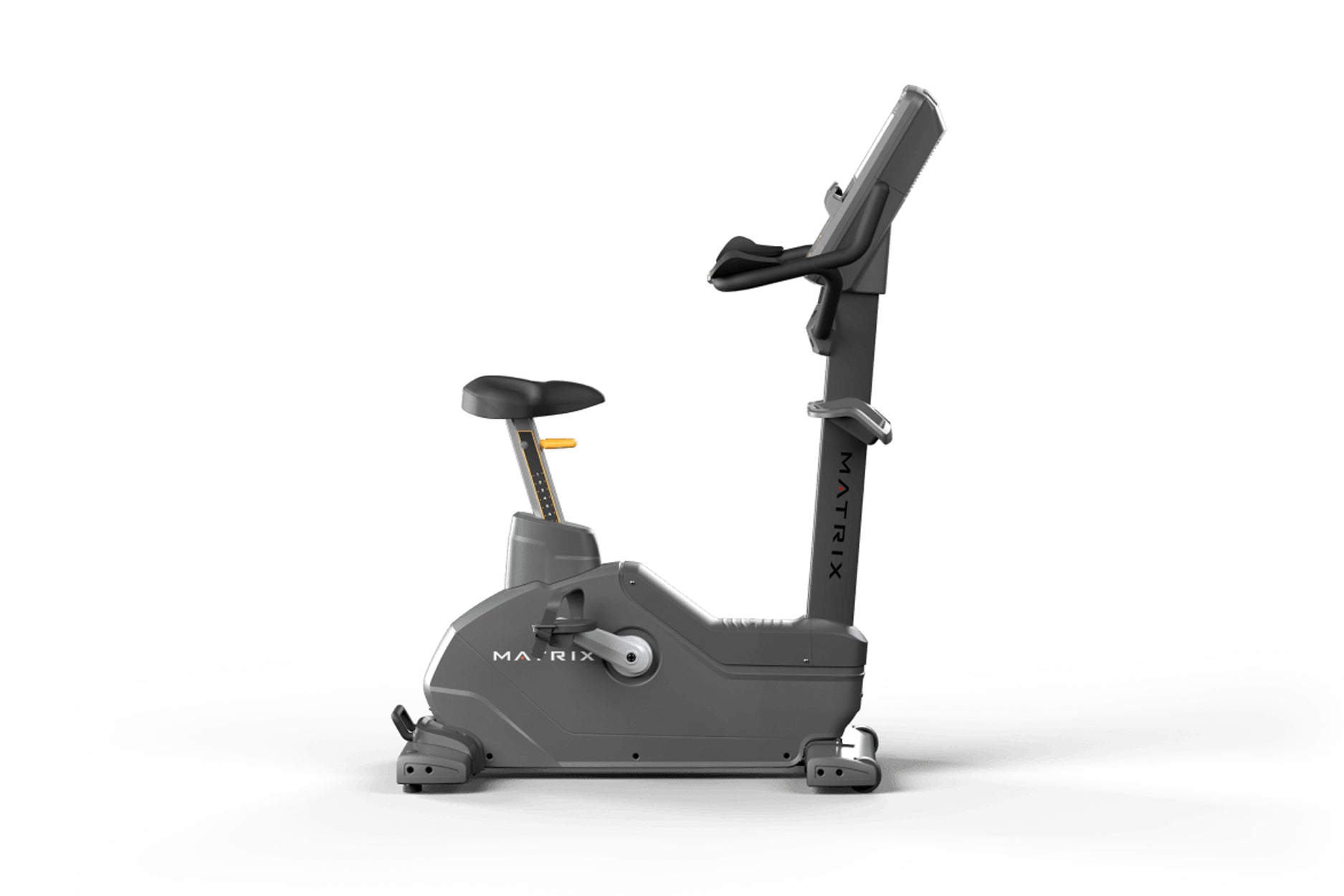 Matrix Endurance upright exercise bike with gray frame, black seat and handlebars, on white background