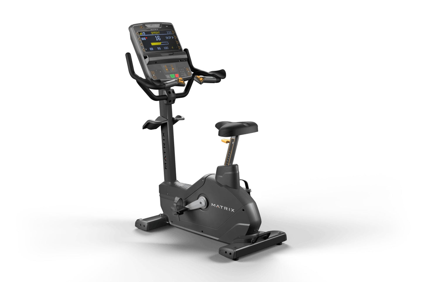 Matrix Endurance upright exercise bike with black frame, digital display console, handlebars with gold accents, and padded se