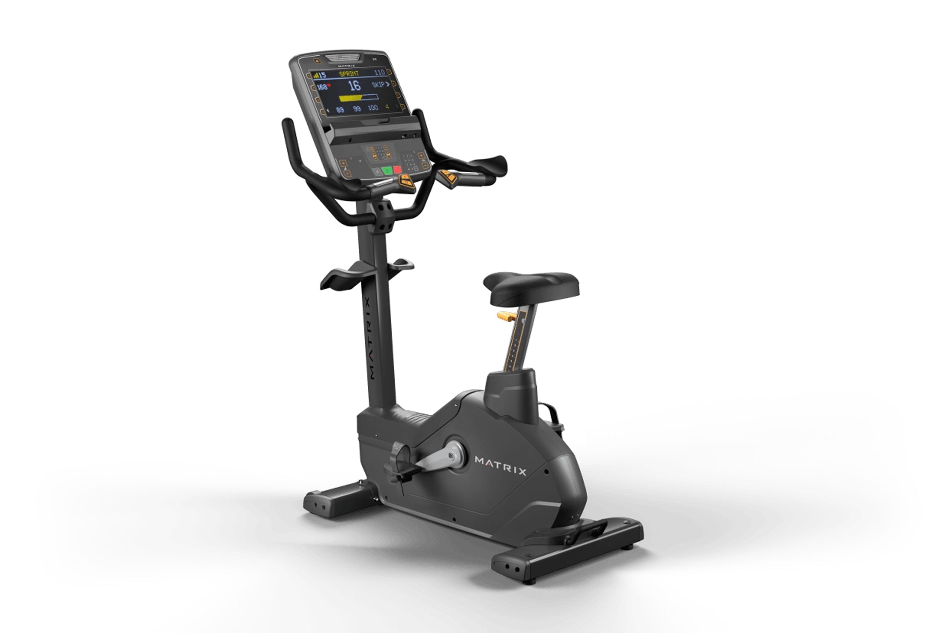 Matrix Endurance upright exercise bike with black frame, digital display console, handlebars with gold accents, and padded se