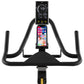 Black stationary exercise bike with curved handlebars, digital display mounted above smartphone holder showing fitness metric
