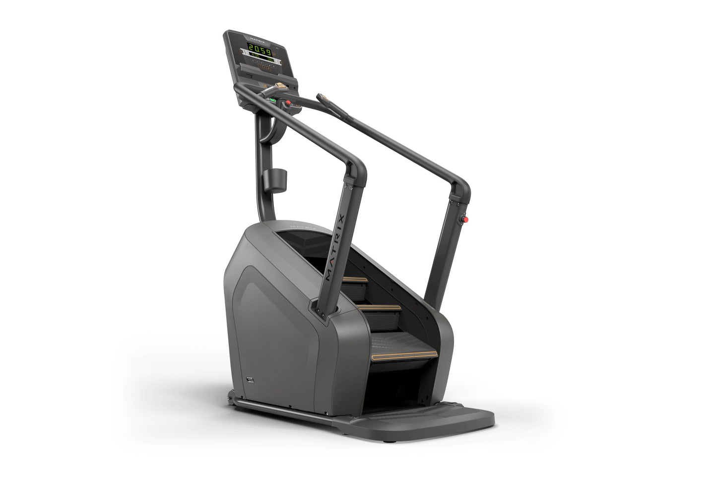 Black and gray stair climbing machine with digital display, handrails, and textured foot pedals on white background