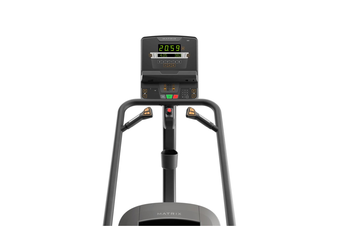 Matrix Lifestyle ClimbMill with black frame, dual handles, digital console displaying green readout, and gray base on white b