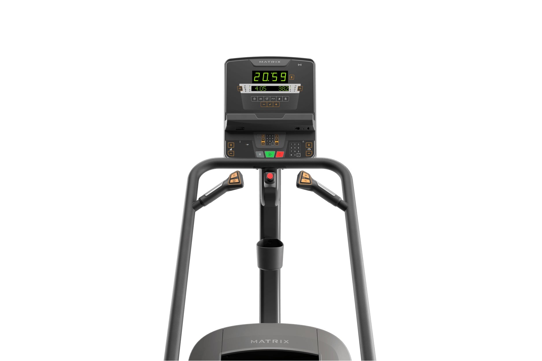 Matrix Lifestyle ClimbMill with black frame, dual handles, digital console displaying green readout, and gray base on white b