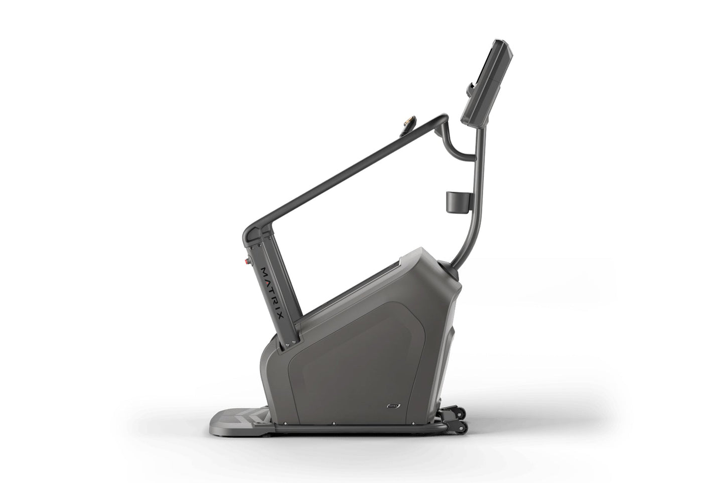 Black upright exercise bike with curved frame and digital display, shown from the side on white background